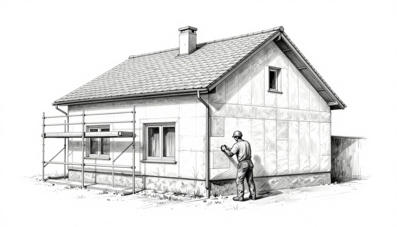 Hand-drawn graphite sketch depicting a German house exterior with ETICS facade insulation panels and basement waterproofing, featuring scaffolding, one worker placing material with relaxed hands, under overcast daylight on white paper.