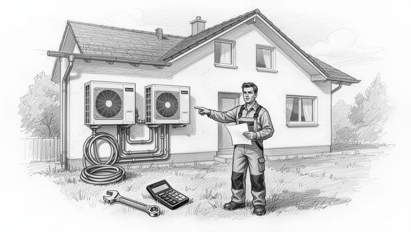 Hand-drawn graphite pencil sketch of a typical German single-family house with a newly installed outdoor air-water heat pump on the wall, tools and coiled pipes on the grass, and one worker holding a subsidy form pointing to cost numbers.