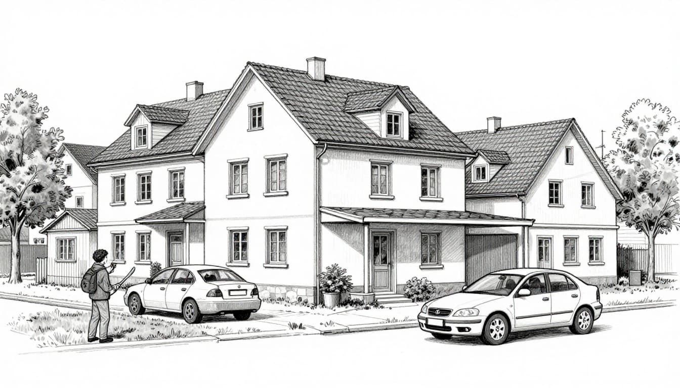 Handgezeichnete Skizze einer typischen deutschen Einfamilienhausfassade während der WDVS-Dämmung, mit Materialproben von EPS grau, Mineralwolle und Holzfaser auf dem Boden; eine Person hält eine Probe, im Hintergrund zwei Häuser symbolisieren regionale Preisunterschiede.