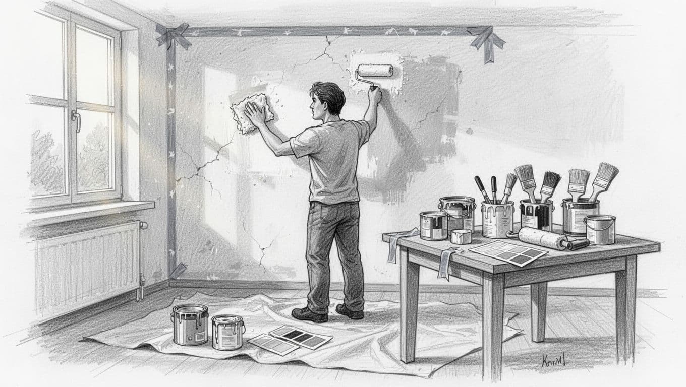 Hand-drawn graphite pencil sketch on white paper showing one person preparing walls and ceiling for painting in a typical German living room: cleaning with sponge, spackling cracks, taping edges, drop cloth on floor, and table with paint cans, brushes, rollers, and color samples.