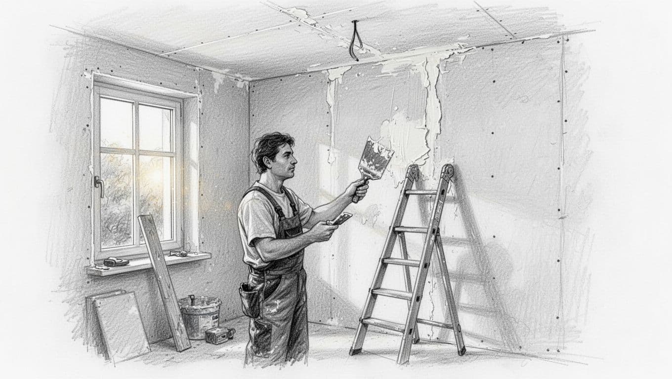 Hand-drawn graphite sketch on white paper of one worker applying putty or tape to drywall seams using a trowel in a simple room during German house renovation, with ladder nearby.