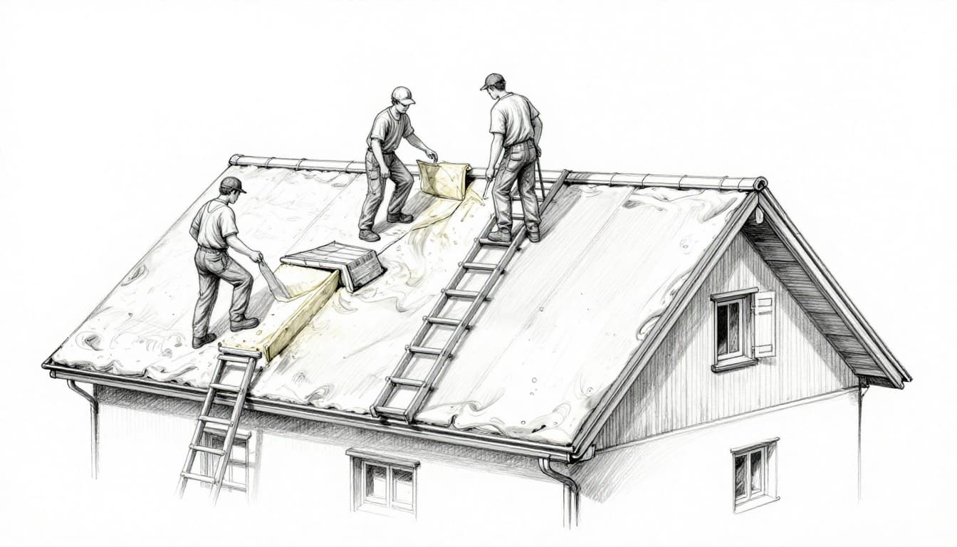 Hand-drawn graphite sketch on white paper showing two workers repairing and insulating a typical German roof, with one on a ladder applying insulation between rafters and sealing the surface, simple house below, natural daylight.