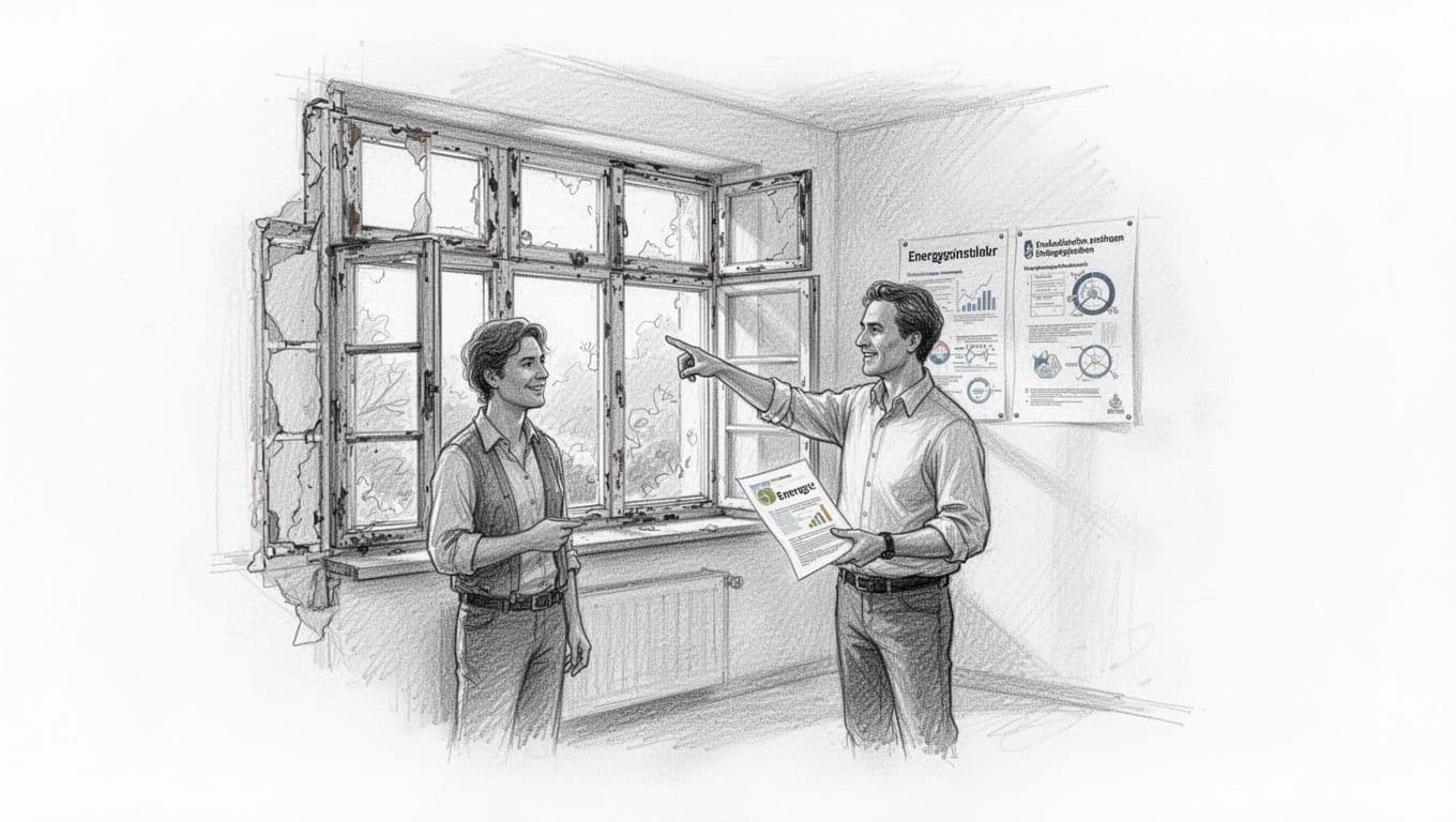 Hand-drawn graphite sketch of a German single-family house featuring old windows, where an energy consultant holds an iSFP document and points to the window frame, with funding posters visible in the background. Light shading, clean white background, no text, exactly two people in simple poses.