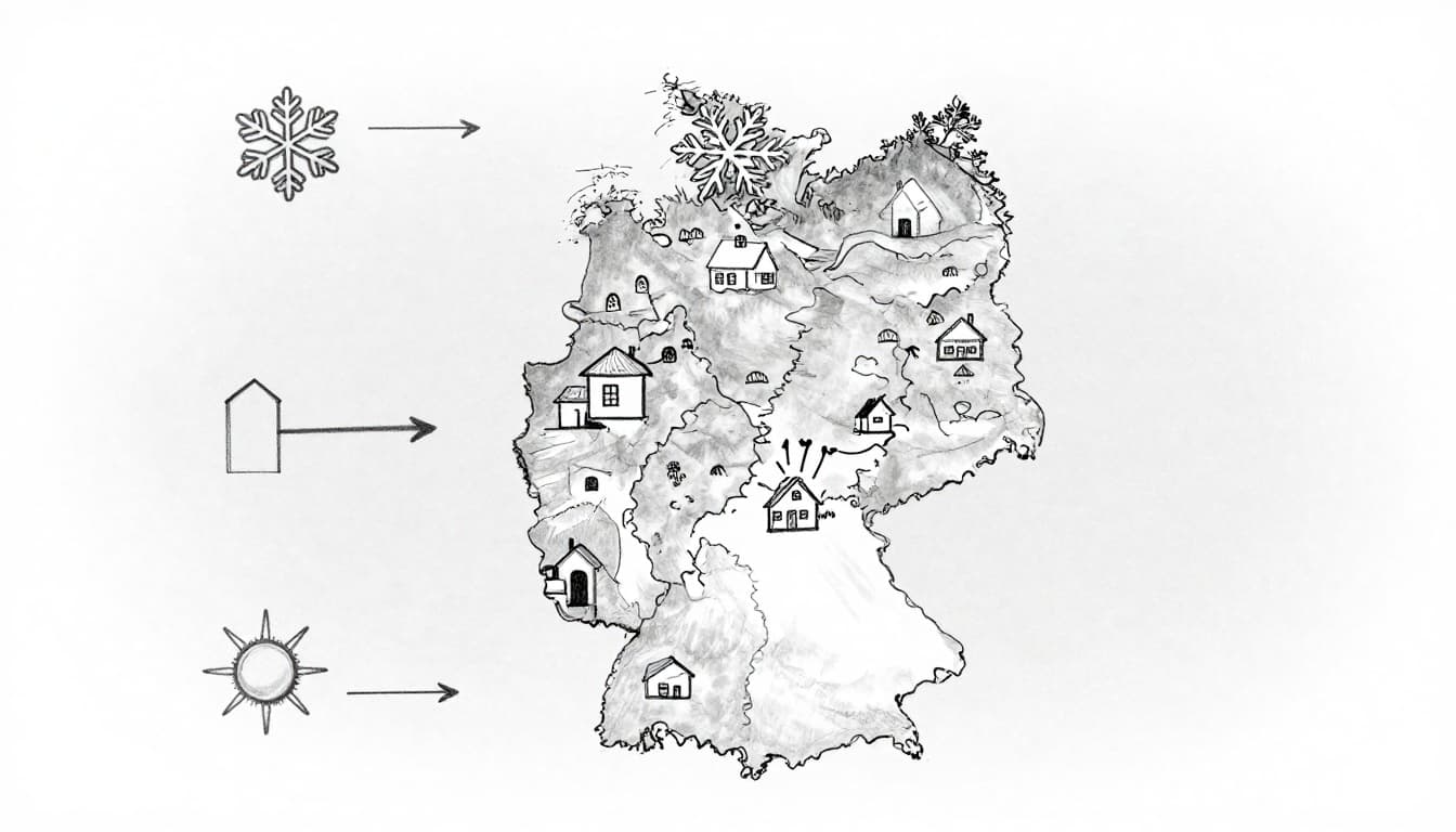 Hand-drawn graphite sketch of Germany map outline on light gray background, with icons for cold northern climate (snowflake, old house), warmer southern climate (sun, pre-1977 house), arrows showing rising energy prices, and house age layers.