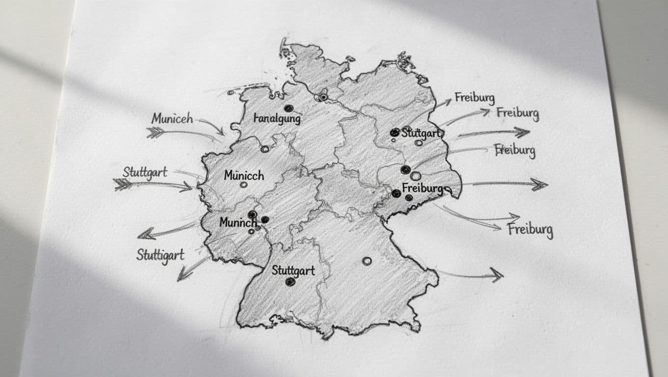 Hand-drawn graphite sketch of a simple Germany outline map, highlighting cities like Munich, Stuttgart, and Freiburg with calendar icons and timeline arrows showing 2026 for large cities and 2028 for smaller ones.