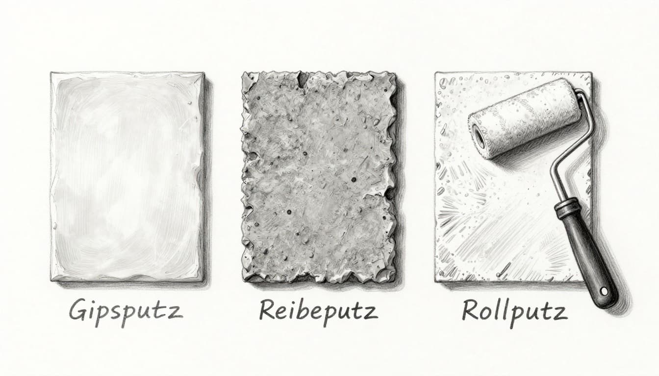 Hand-drawn graphite sketch of three side-by-side interior wall plaster samples: smooth Gipsputz, textured Reibeputz, and patterned Rollputz, with simple tools nearby on clean white background.