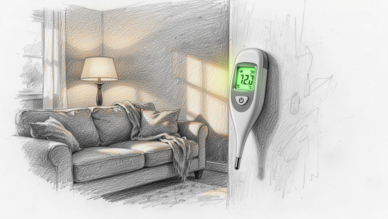 Hand-drawn graphite sketch of a simple digital thermometer on a living room wall measuring 20°C, featuring a cozy room with sofa and lamp in warm light.