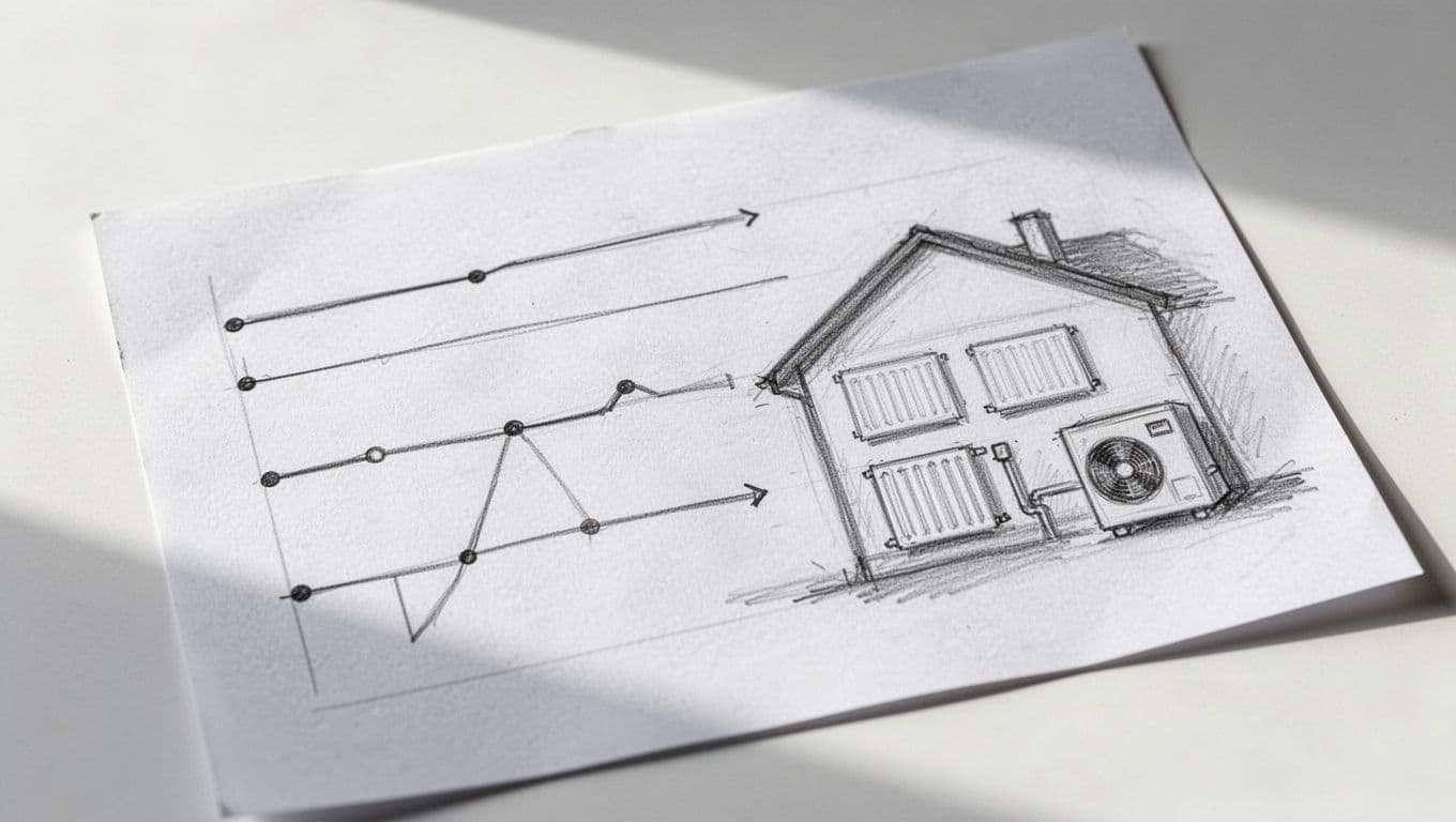 Hand-drawn graphite sketch of three timeline graphs on paper depicting amortization periods for radiator-only, heat pump without bonus, and full bonuses scenarios, beside a simple house with radiators and external heat pump.