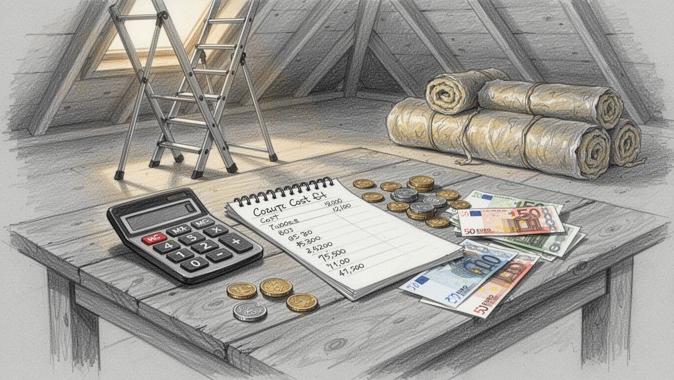Graphite sketch of a wooden table in an attic with calculator, notepad listing DIY insulation at 20€ and professional at 80€ per m², coins, euro notes, ladder, and insulation rolls in warm lighting on light gray paper.