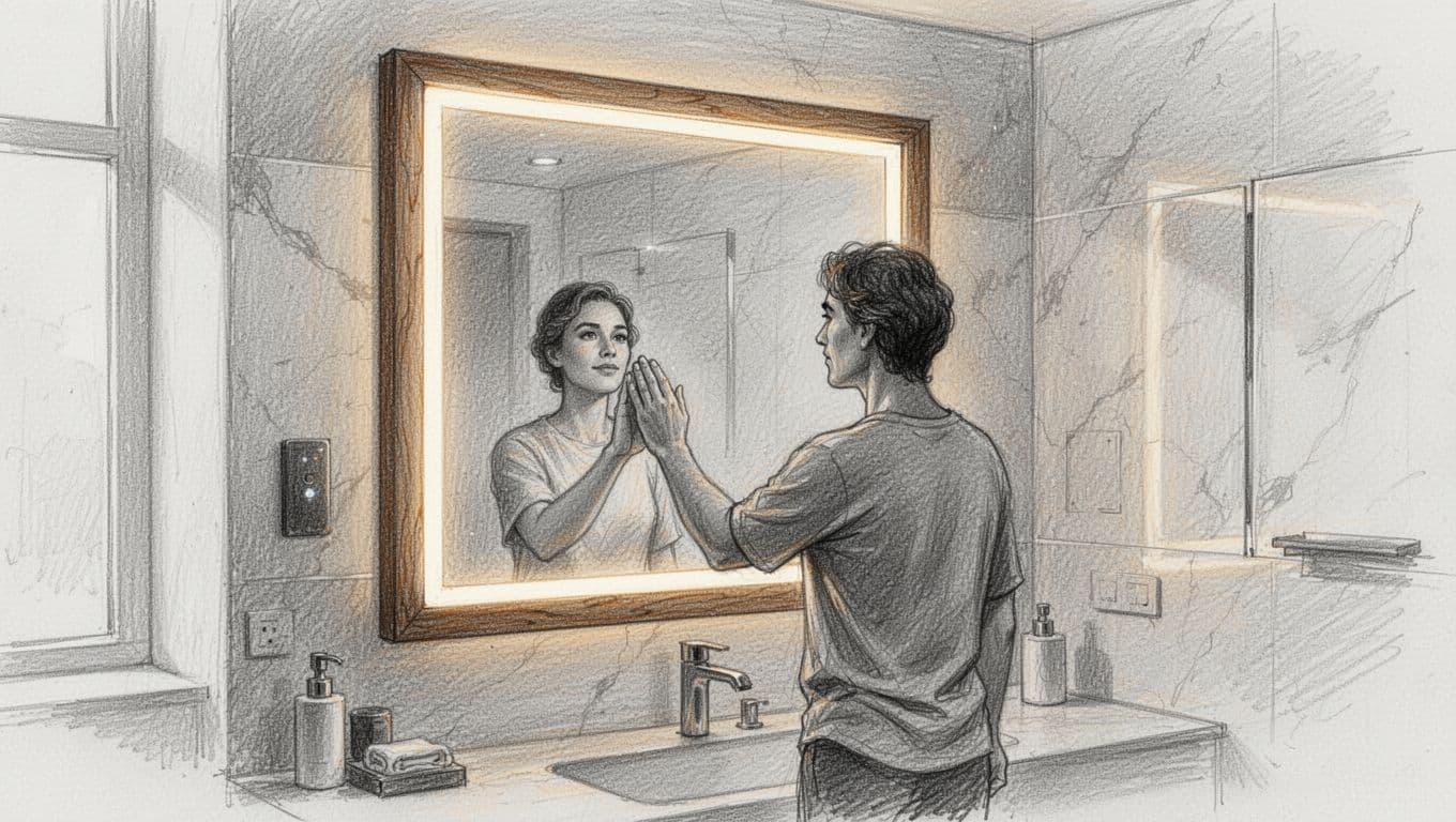Graphite sketch of a bathroom featuring optimized IP44-rated LED lighting strips around a simple wooden-framed mirror, emitting a warm wellness glow, with a person adjusting the light using a relaxed hand amid background fixtures and natural indoor lighting on clean white paper.