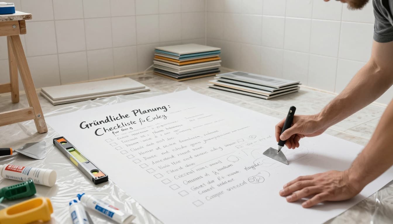 Hand-drawn graphite sketch showing one person spreading protective plastic sheets on the bathroom floor with relaxed hands, surrounded by tools like trowel, spirit level, adhesive tubes, and stacked fugenarme panels on a workbench. Old tiled walls and fixtures in the background under natural indoor lighting.
