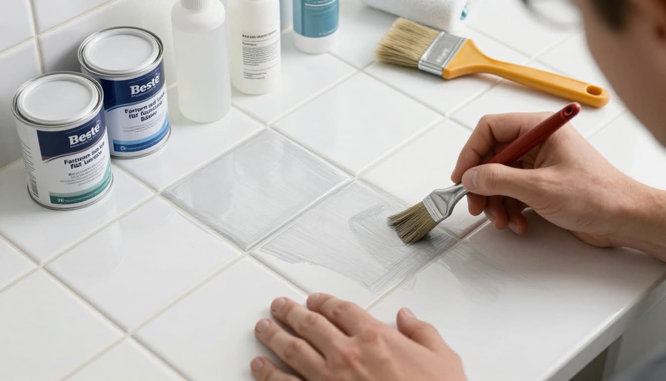 Graphite sketch of 1K water-based paint cans for walls, 2K epoxy varnish for floors, primer, brush, and roller on glossy wet-look tiles in a steamy bathroom, with one person applying thinly using relaxed hands.