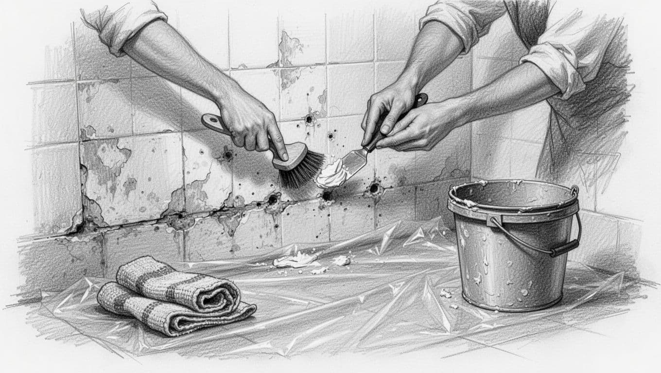 Hand-drawn graphite sketch of one person cleaning old bathroom tiles and grout with brush and cleaner, repairing small holes with filler using a spatula. Protective plastic foil on the floor, tools like bucket and rags nearby, old tiled walls in background, natural indoor lighting.