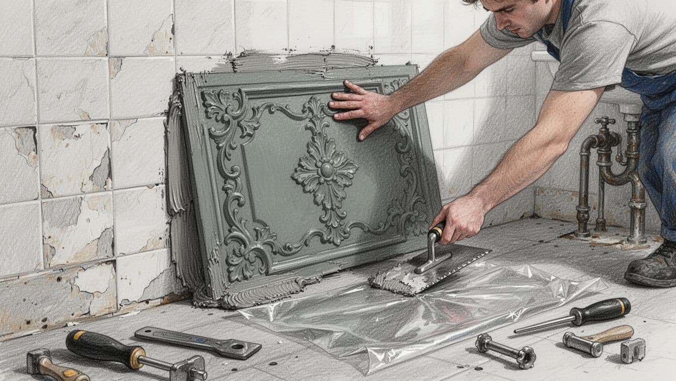 Graphite sketch showing one person applying large gray-green decorative panels over old bathroom wall tiles using a trowel and adhesive, with tools on the floor, protective foil, and old fixtures visible under natural lighting.
