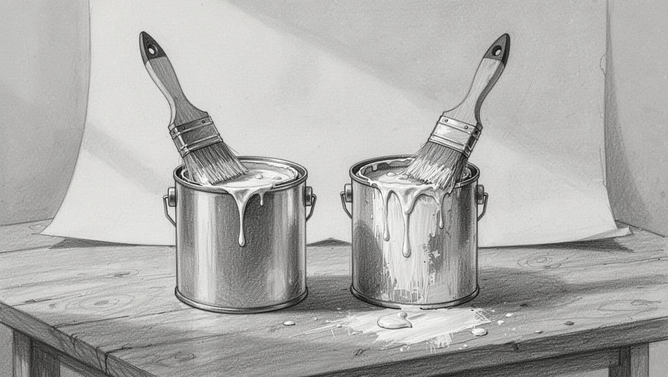 Hand-drawn graphite sketch of two paint cans on a table, one labeled matte high-opacity ceiling paint and the other primer-inclusive, with brushes dipping in to illustrate creamy consistency via brush strokes, light shading on clean light gray paper background.