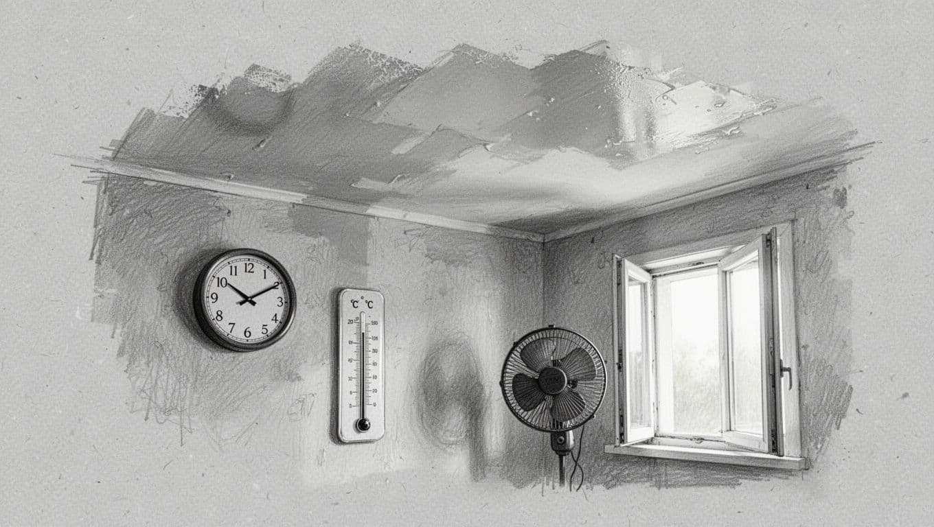 Hand-drawn graphite sketch of a freshly painted ceiling section showing a wall clock at 6 hours drying time, thermometer at 20°C next to a window with open ventilation fan, and subtle shading on the paint surface.