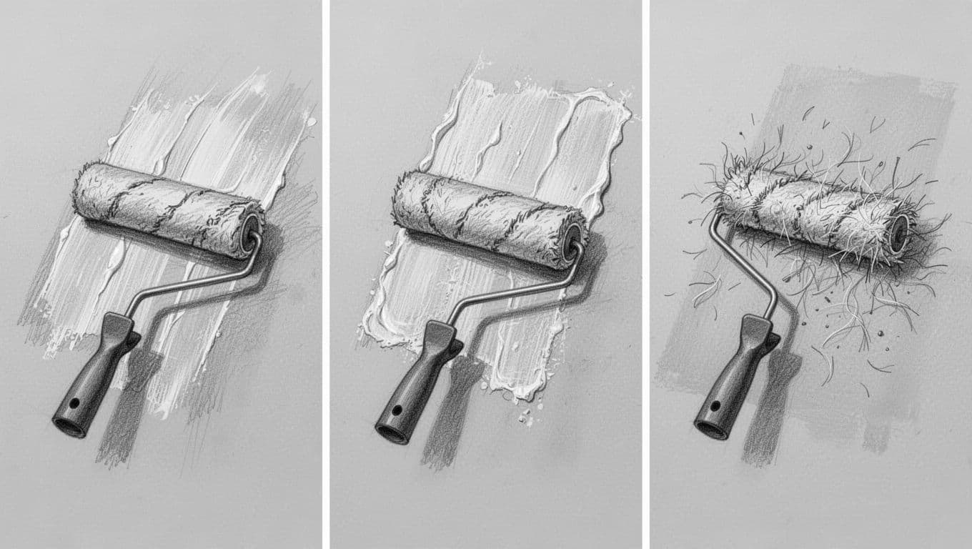 Three hand-drawn graphite sketches depicting common ceiling painting errors: streaks from rolling over dried paint, marks from uneven roller pressure, and fibers shed by cheap tools, arranged in side-by-side panels on light gray paper.