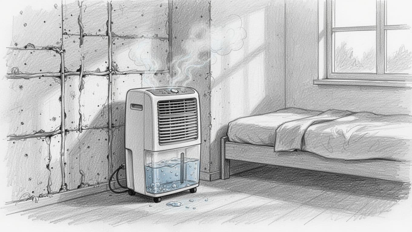A hand-drawn graphite sketch shows a compact dehumidifier in a renovated bedroom corner next to an insulated wall, collecting water in its tank with subtle moisture reduction arrows. The cozy room features a bed and window, emphasizing the device's role in post-renovation moisture control.