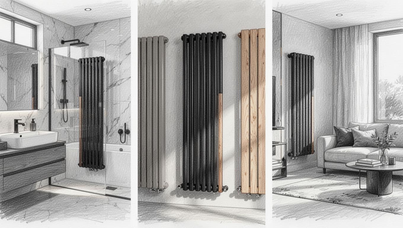 Graphite sketch showing three designer radiators in matt black, greige, and natural wood accents in modern bathroom and living room settings, light shading, clean white background.