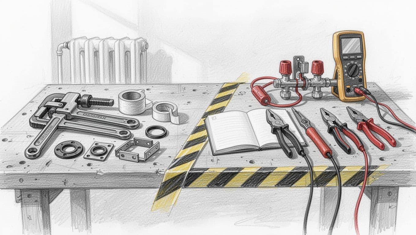 Hand-drawn graphite sketch of a workbench split by caution tape: DIY tools like pipe wrench, spanner, tape, gaskets for water radiator on one side; professional gas/electro warning sign and legal GEG notes on the other, in a simple home workshop with light shading.