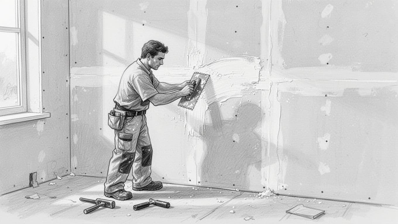 Hand-drawn graphite linework sketch with light shading showing one person applying joint compound with a trowel to seams between gypsum boards on a Trockenbau wall, then sanding with a sanding block; tools nearby on floor, simple side view.