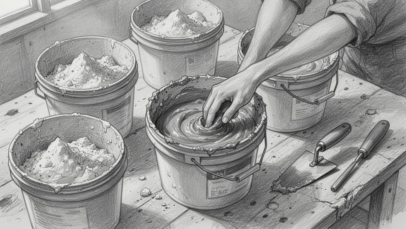 Hand-drawn graphite sketch of open buckets containing various floor leveling compounds on a workshop table, with powders, mixed masses, one bucket stirred by a single hand with relaxed grip, and tools like a trowel nearby, viewed from above on a clean white background.