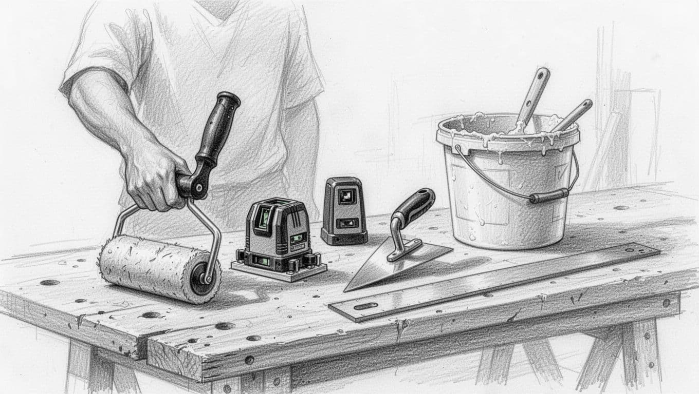 Hand-drawn graphite sketch of essential floor leveling tools arranged neatly on a workshop bench, including stachelwalze, laser level, trowel, mixing bucket, and richtlatte, with one relaxed hand holding the stachelwalze, light shading, and clean white background.