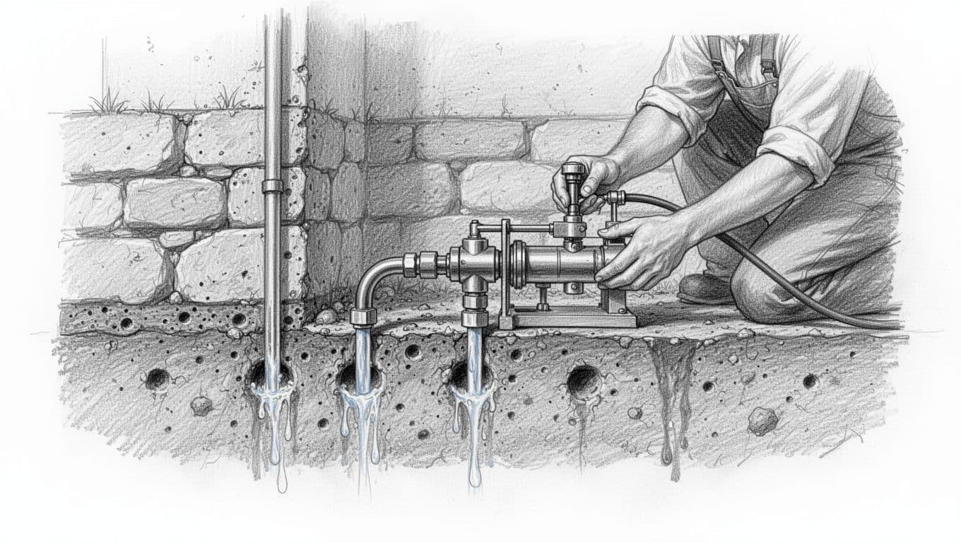 Hand-drawn graphite sketch of horizontal barrier injection in a basement wall cross-section, showing drilled holes, injection pump blocking capillary rise moisture, operated by one person safely on a clean white background.