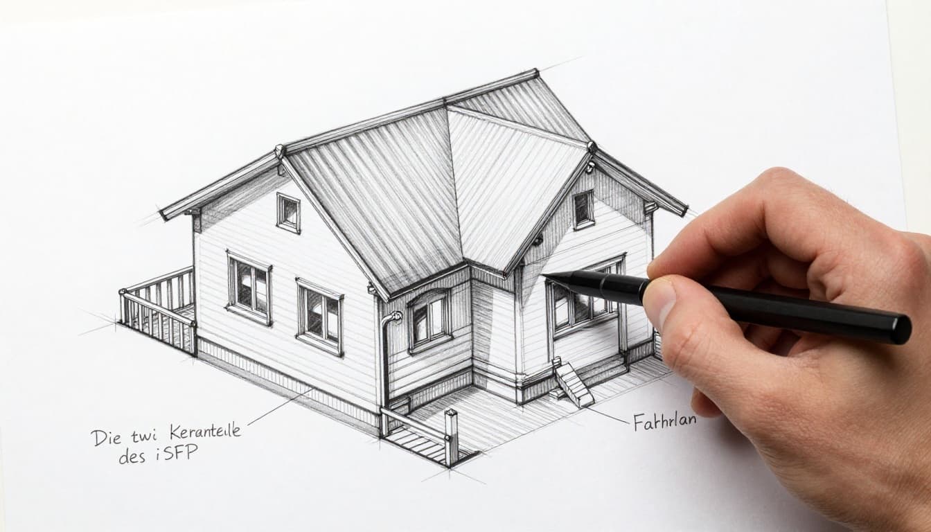 Hand-drawn graphite sketch on white paper of an open document showing a simple house cross-section with annotations on walls, roof, and heating system, divided into analysis report and step-by-step plan sections.