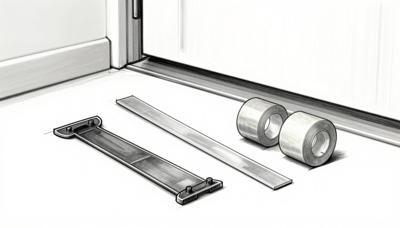 Hand-drawn graphite sketch of laminate flooring accessories including plastic wedges, duct tape roll, transition profile, and end caps, arranged neatly on the floor next to a door threshold on a clean white paper background with light shading.