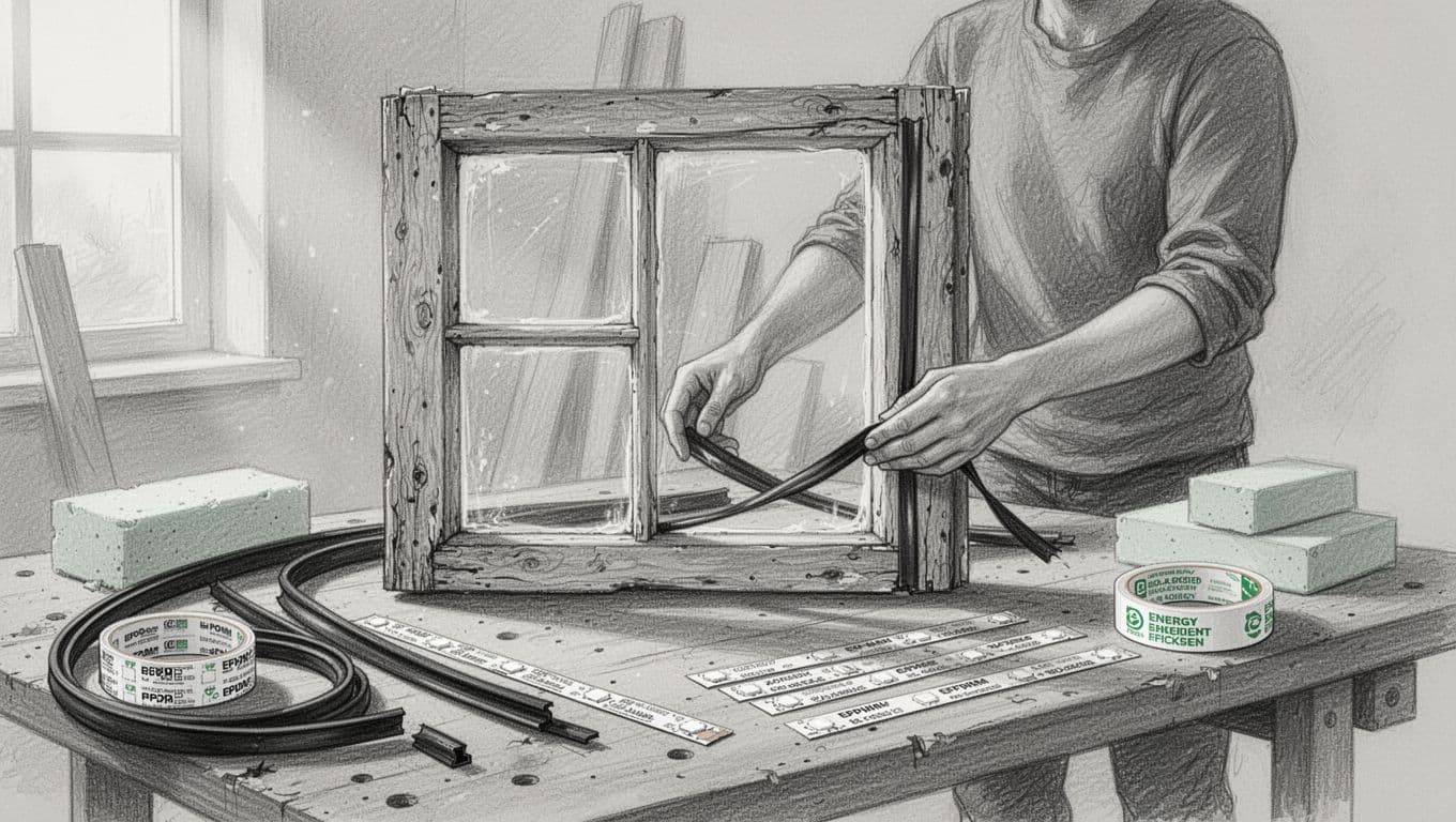 Graphite sketch of an old wooden window frame with EPDM rubber seals, smart sensor strips, bio-based foam, and energy-efficient tape on a workbench, showing one person applying seals in a sequence of steps.