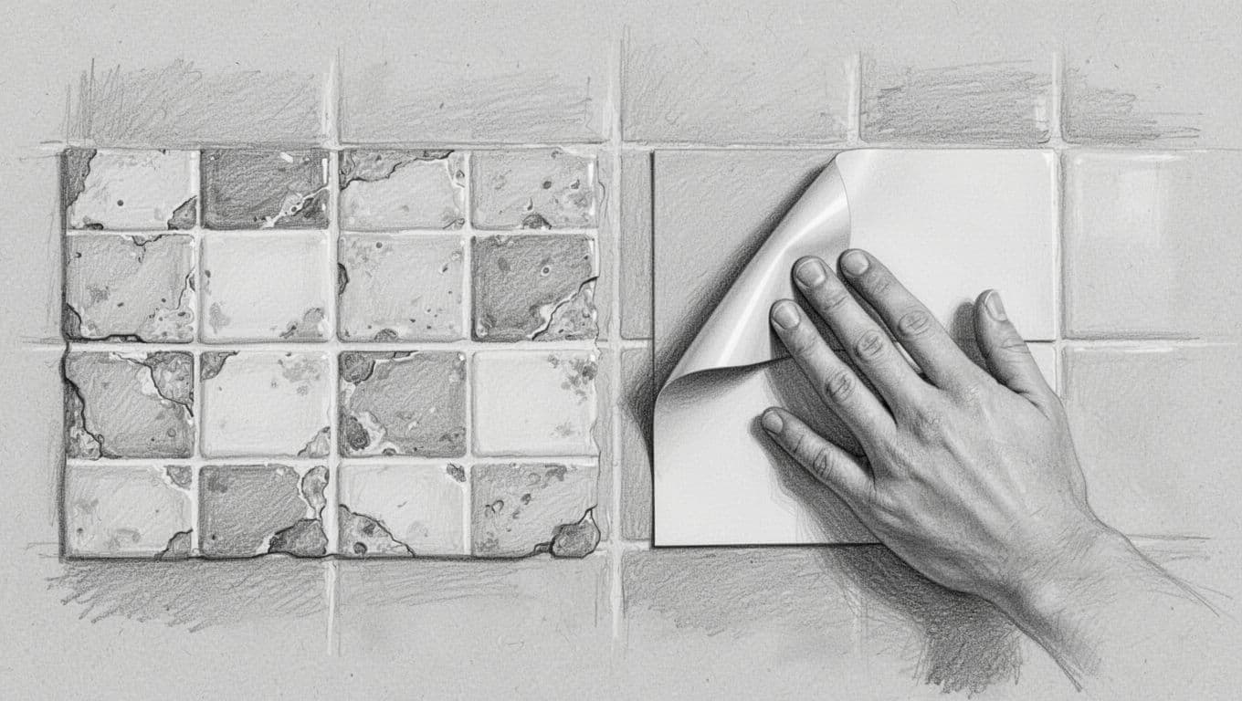 Graphite sketch on light gray paper comparing self-adhesive tile stickers and peel-and-stick vinyl tiles applied to cracked old bathroom wall tiles, showing simple before-and-after renewal without mess or painting.