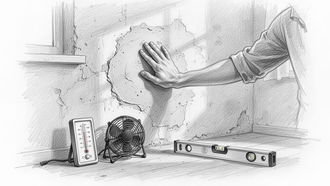 Hand-drawn graphite sketch of a freshly plastered interior wall with hygrometer for humidity, ventilation fan, thermometer, spirit level tools, and one person gently checking the wall.
