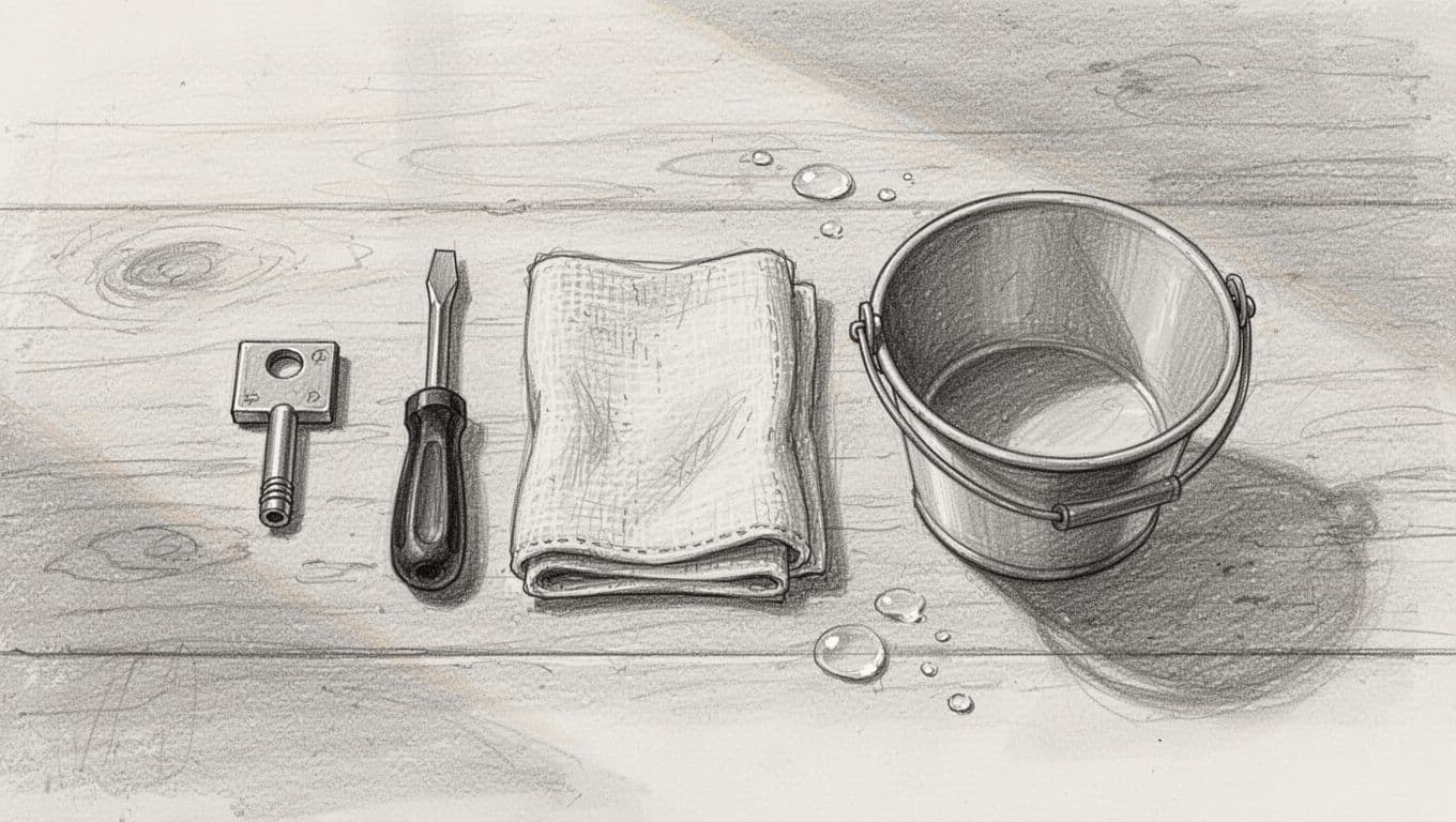 Top-down hand-drawn graphite sketch on clean white paper showing tools for bleeding radiators arranged on a wooden table: classic entlüftungsschlüssel, flathead screwdriver, folded cloth rag, small bucket for water, and subtle water drops. Light shading for depth with thin consistent linework.