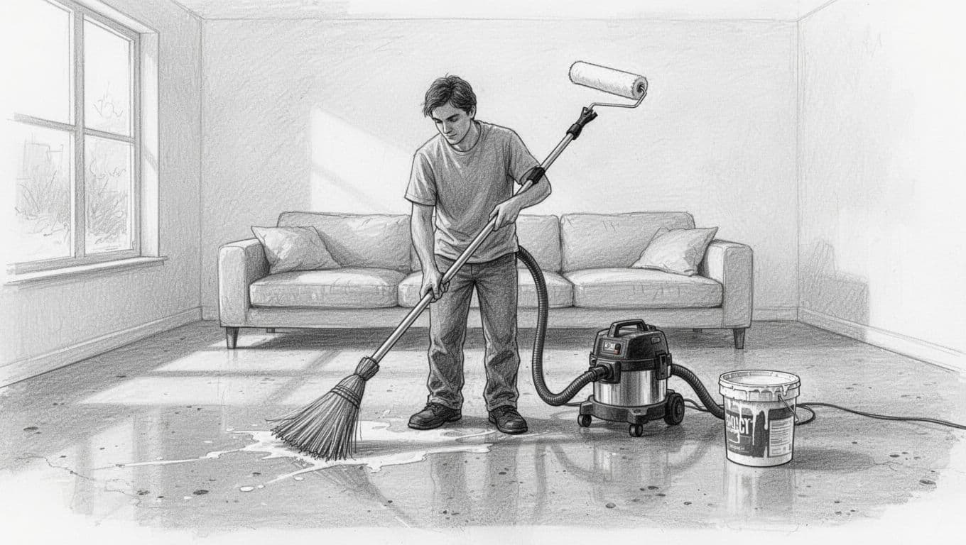 Hand-drawn graphite sketch showing one person cleaning a concrete estrich floor in an empty living room with a broom and industrial vacuum cleaner, then applying primer using a paint roller on a pole with a bucket nearby. Light shading provides depth on a clean white background.