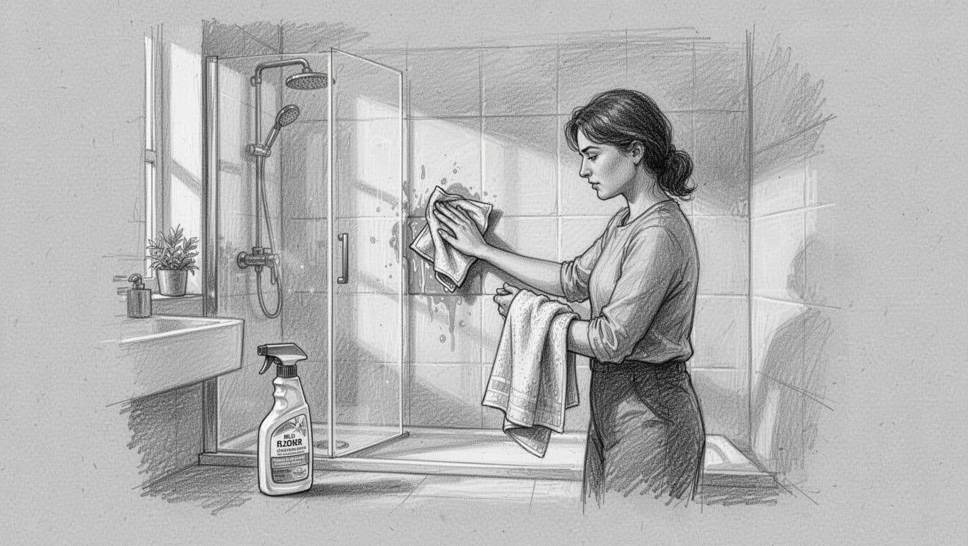 A hand-drawn graphite sketch on light gray paper depicts a person gently wiping painted bathroom tiles with a soft cloth and mild cleaner, then drying with a towel in a bright bathroom with shower. Emphasizes relaxed hands, avoiding abrasives, illustrating daily maintenance for long-term durability.