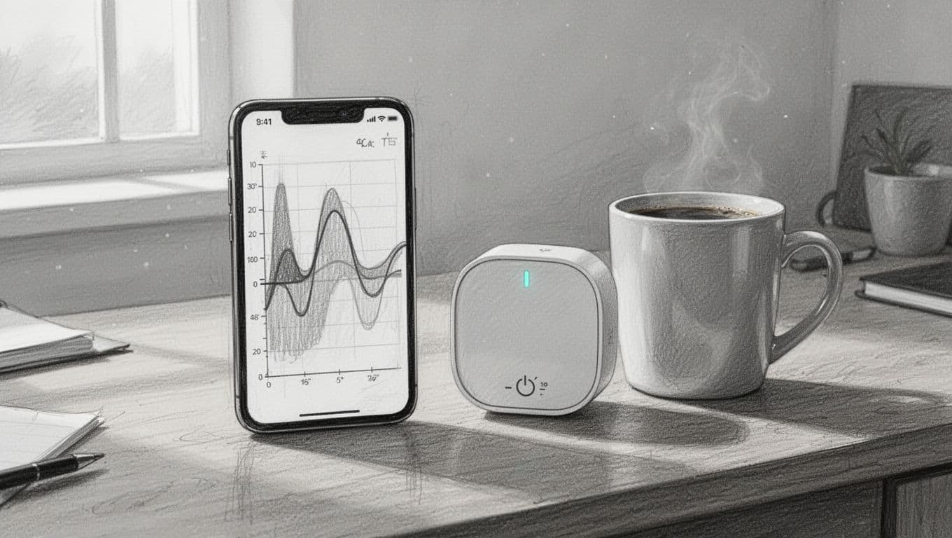 Hand-drawn graphite sketch of a smartphone displaying a simple heating control app interface with temperature curve graph and room settings, placed on a wooden table next to a smart thermostat and coffee mug in a cozy home office setting with light shading on clean white background.