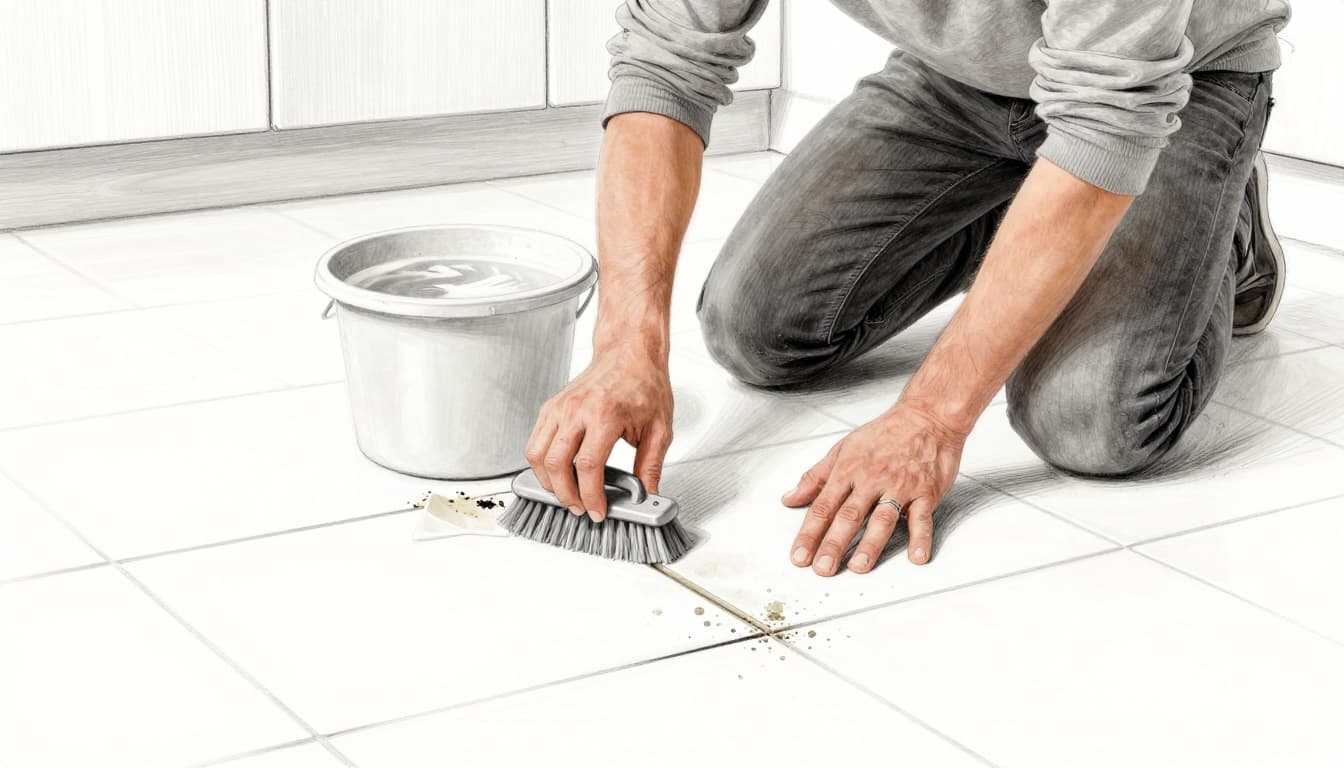 Hand-drawn sketch of a person kneeling on a tiled floor, cleaning tiles with a scrub brush and bucket of soapy water, then performing a knock test with knuckles to check for loose ones.