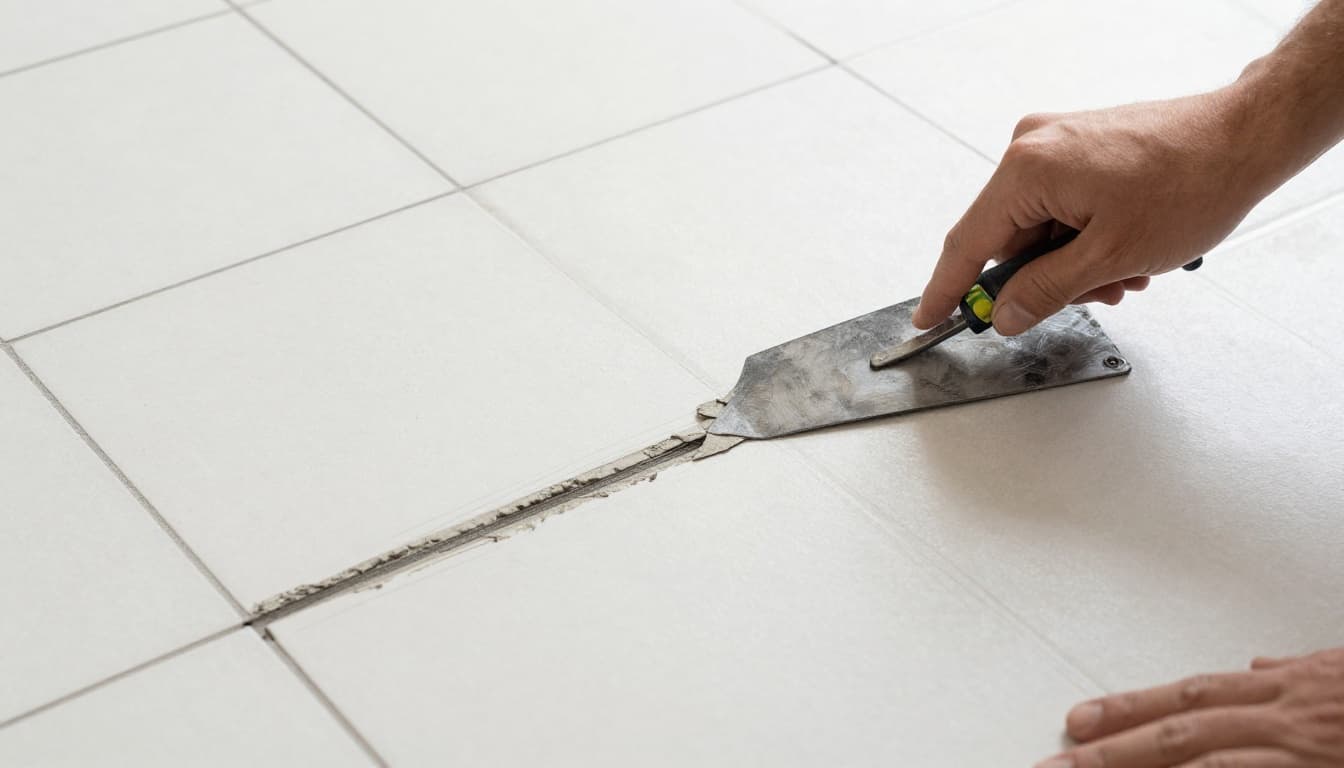Hand-drawn graphite sketch showing a person using a trowel to apply and smooth leveling compound over grout lines and uneven tiles on a floor, with a water level checking flatness. Close-up on floor work in a simple room, light shading on white background.