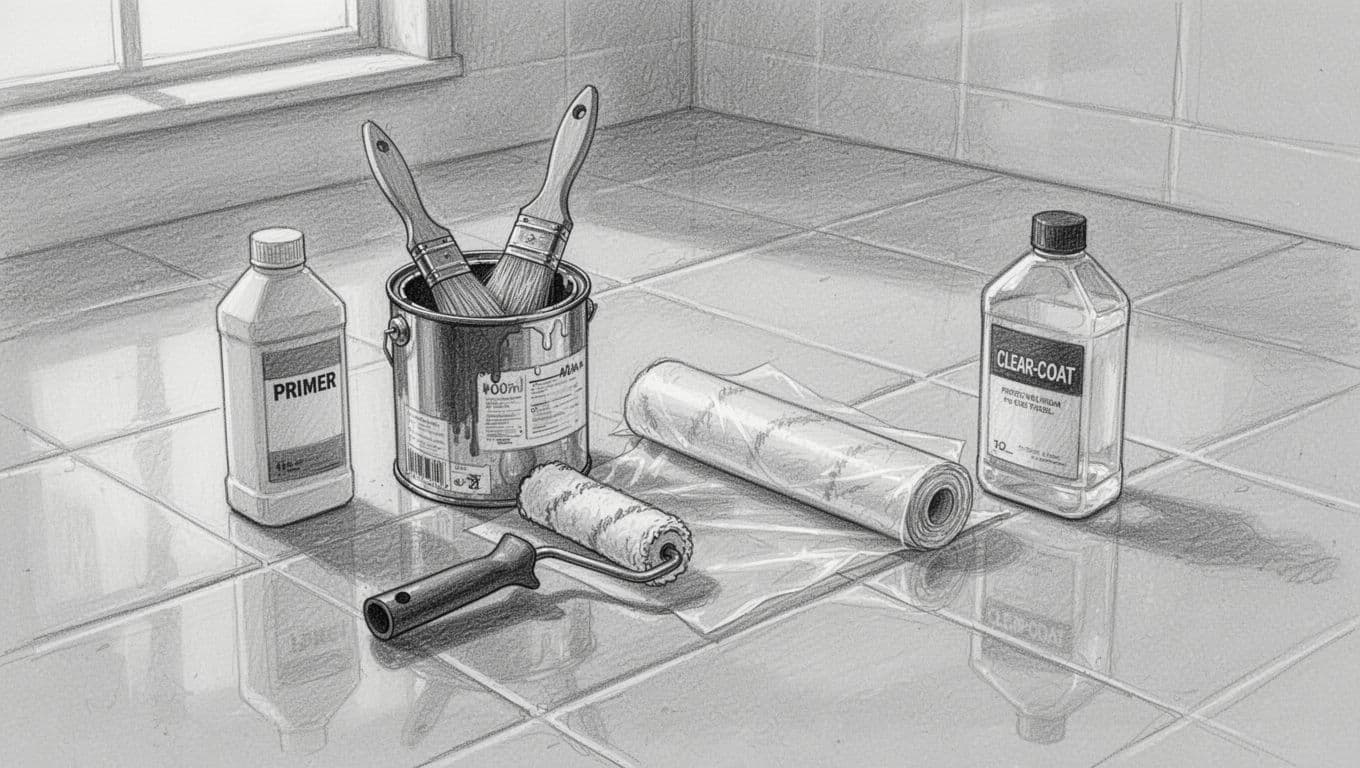 Graphite sketch of Fliesenprimer bottle, Fliesenlack can with brush, paint roller, Abdeckfolie roll, and optional Klarlack Versiegelung bottle arranged on glossy bathroom tile floor with light shading.