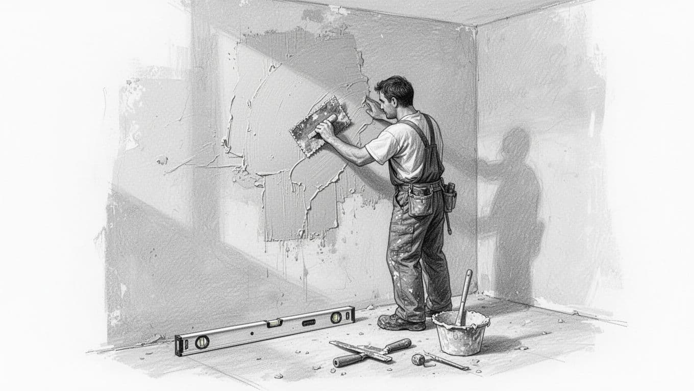 Hand-drawn graphite sketch showing a person using a trowel to structure texture and smooth final topcoat plaster on an interior wall, with spirit level and tools on the floor against a clean white background.