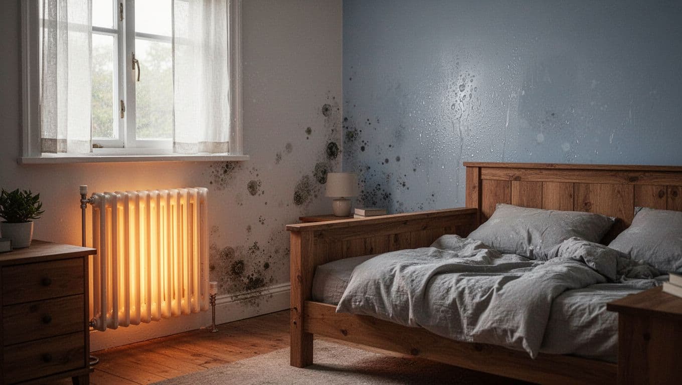 Graphite sketch showing uneven heating in a renovated bedroom with a cold corner wall featuring condensation and early mold, hot radiator nearby, high humidity on hygrometer, and furniture too close to the wall.