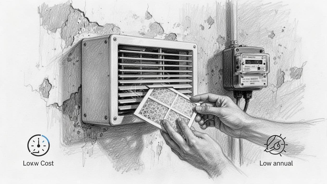 Graphite sketch on white paper showing a single room ventilation unit in an old building wall beside a low-usage electricity meter, with a hand replacing the filter and subtle euro symbols and downward arrows indicating 10-40 € yearly costs.