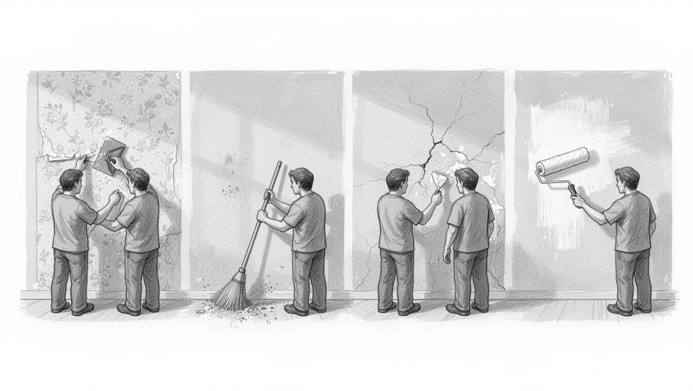 Graphite sketch showing sequential wall preparation steps: removing old wallpaper with scraper, cleaning dust with brush, filling cracks with filler, and applying primer with roller.