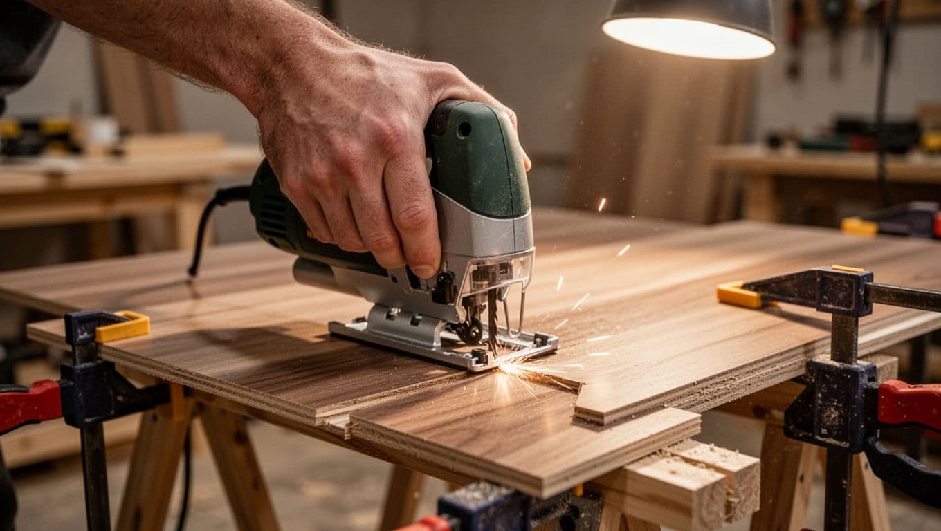 Close-up hand-drawn graphite sketch of one hand holding a jigsaw to cut a precise notch in a clamped laminate plank on a sawhorse in a workshop setting, minimal sparks, clean white paper background.
