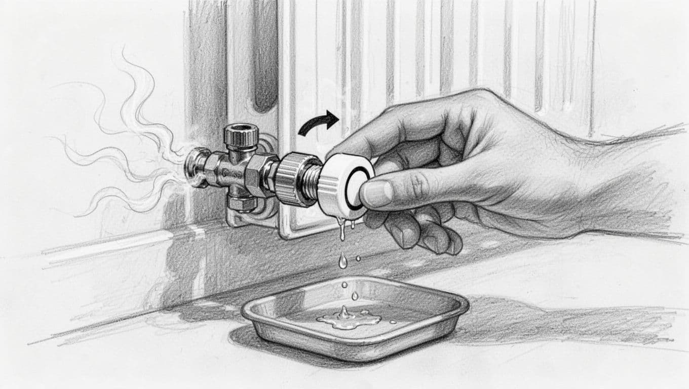 Hand-drawn graphite sketch on white paper depicting a close-up of a hand pressing or turning the button on a modern automatic radiator bleed valve to release air without tools, featuring water drops in a container below and wavy hissing air lines.