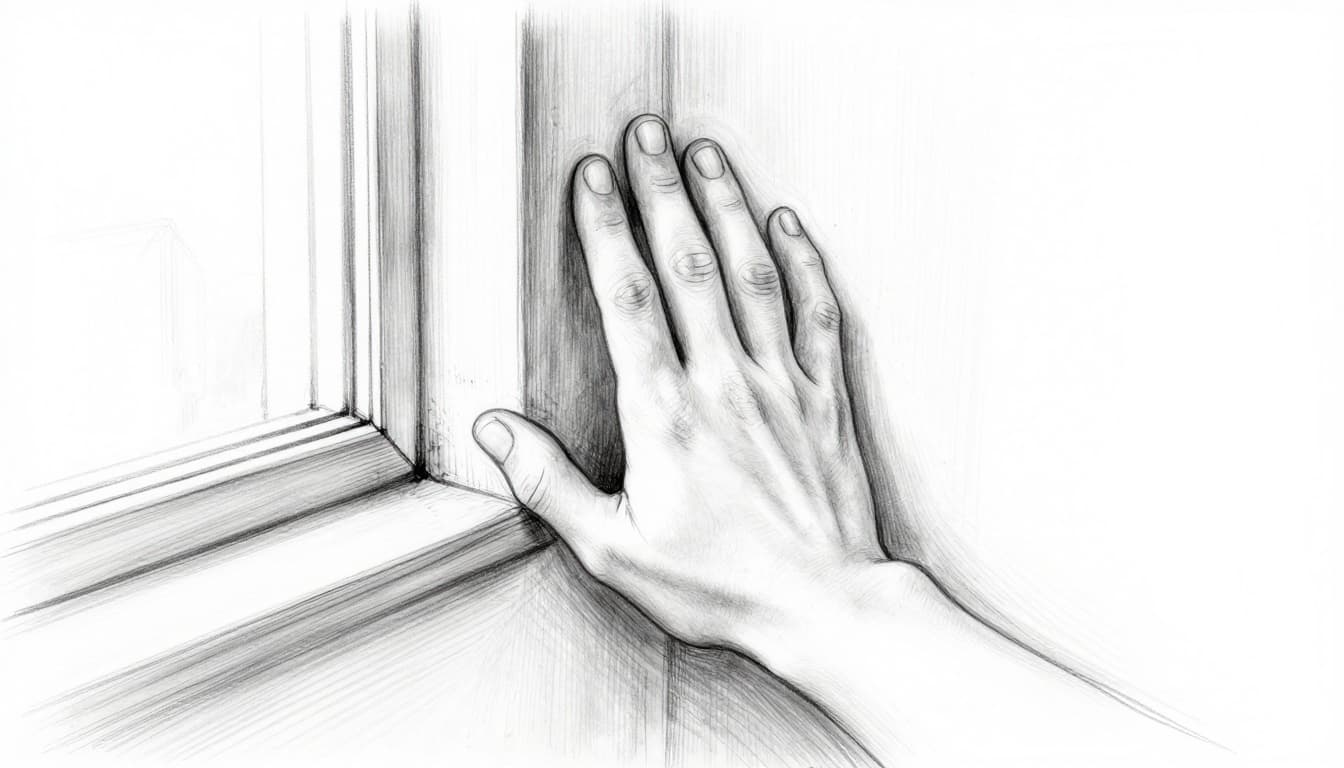 Hand-drawn graphite linework sketch of a hand pressed flat against an interior wall in an old building, sensing a cold thermal bridge spot near the window frame with subtle shading for temperature contrast.