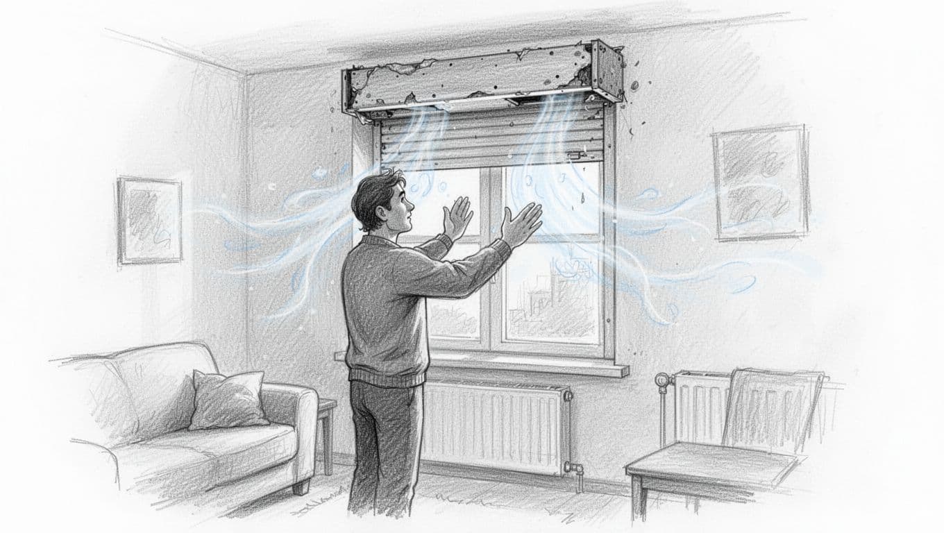 A single person places their hand near an old uninsulated roller shutter box above a window in a living room, with faint cold air streams visualized as wavy lines from gaps, in a hand-drawn graphite sketch style.