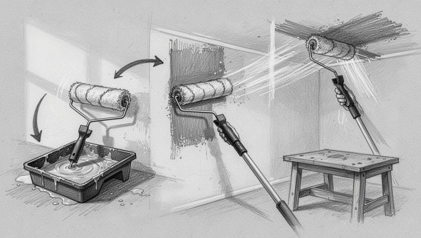 Hand-drawn graphite sketch depicting the paint roller technique steps: loading roller in tray with paint, distributing evenly on wall, and pulling straight strokes on ceiling with extension pole and workbench.