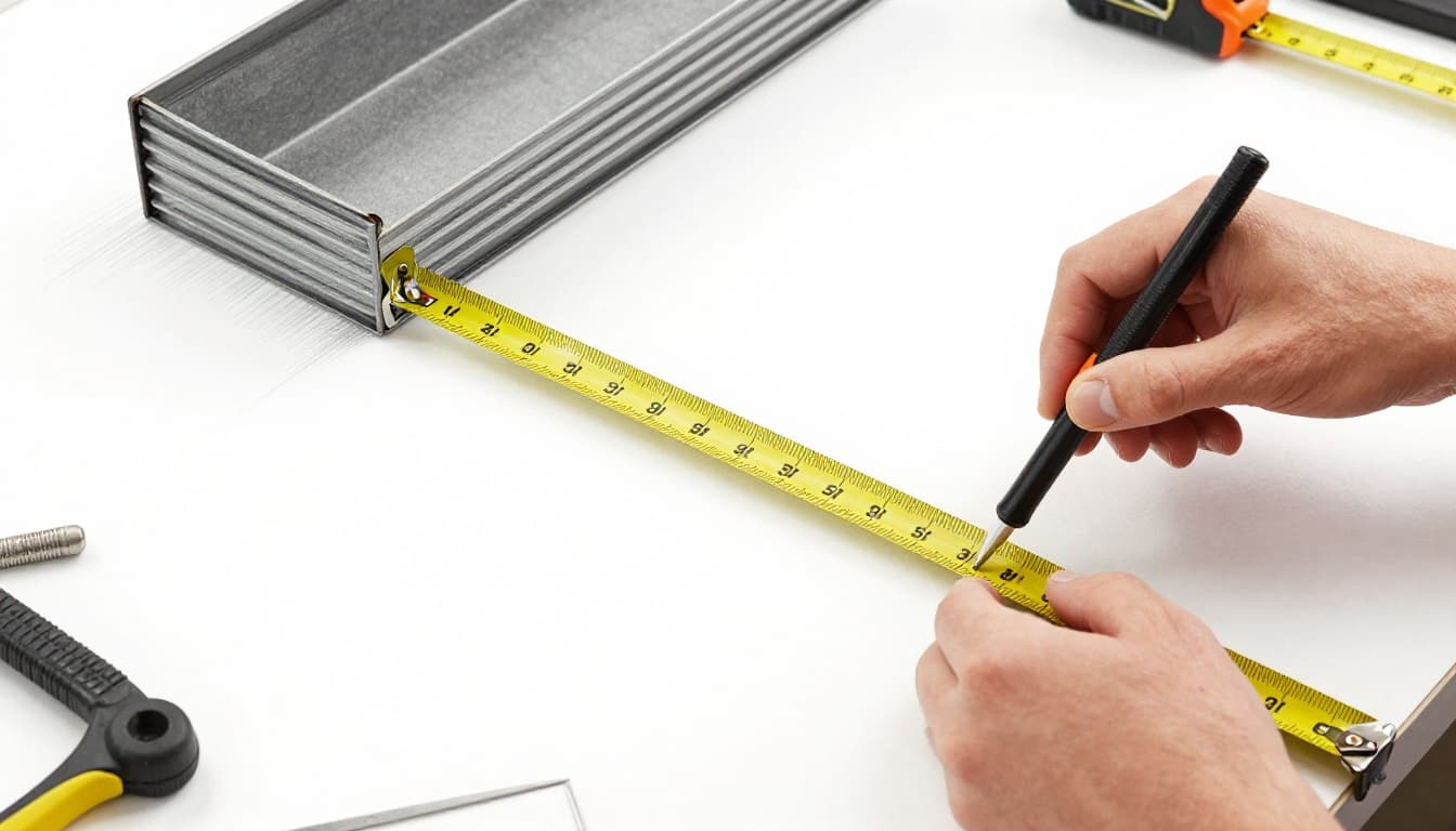Hands using tape measure and marking pencil to precisely measure inside a clean roller shutter box, with workbench and tools in garage workshop. Hand-drawn graphite sketch style with light shading on white background, focusing on measurement process.